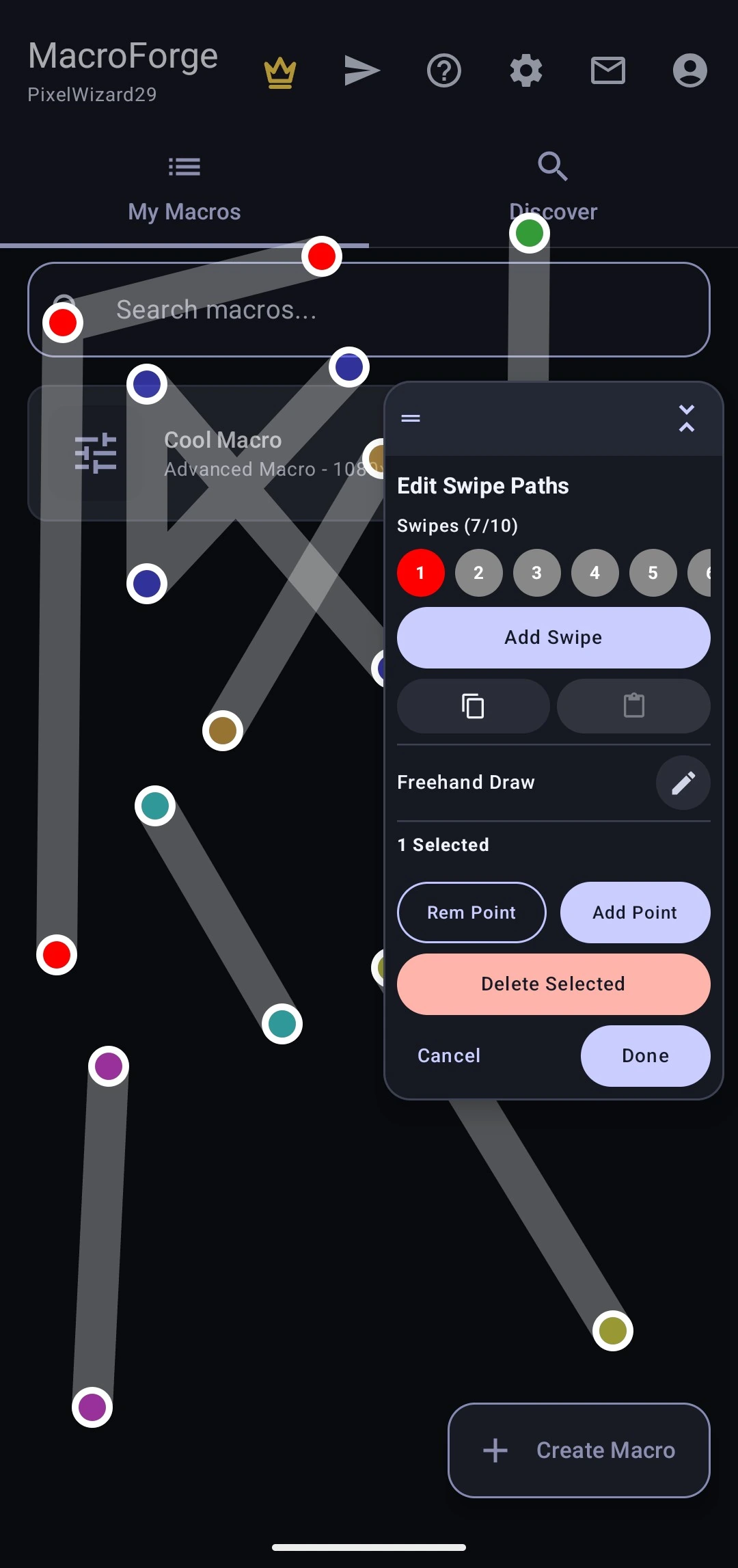 The swipe path editor, with multi-point paths drawn over the screen and per-point controls