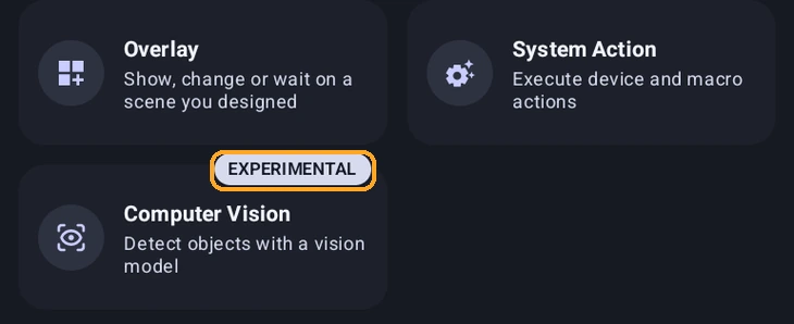 Computer Vision in the Add Action list, marked experimental