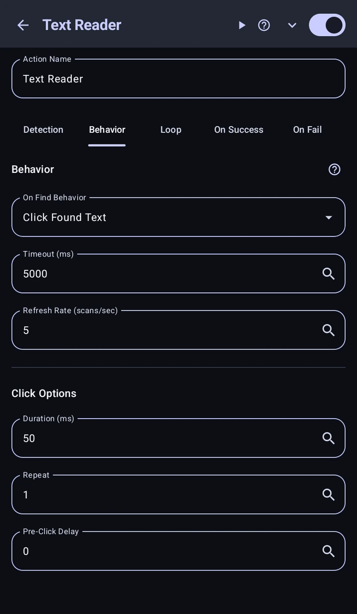 Click Options on a text-finding behaviour