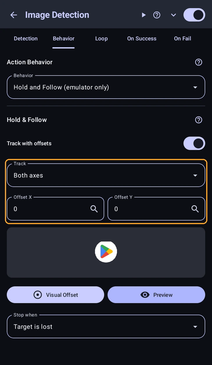 Track with offsets, showing axis and offset controls