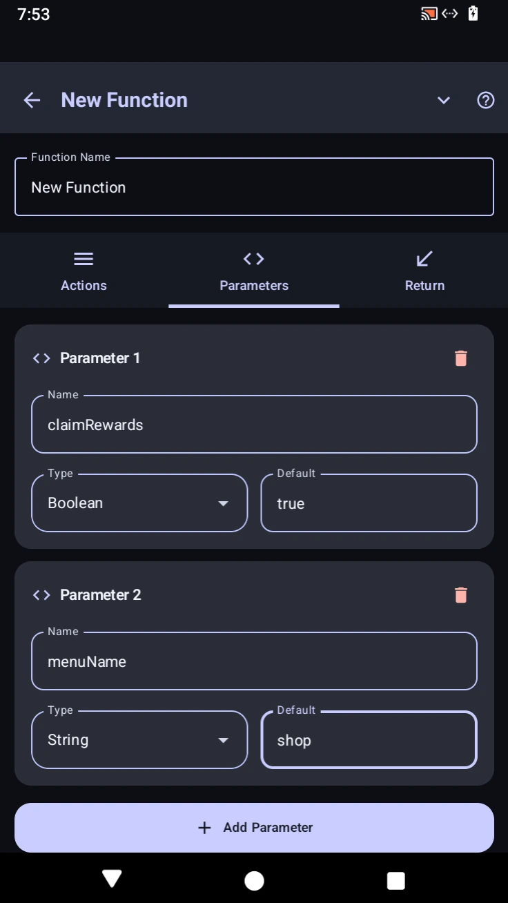 Function parameters tab in Advanced Macro