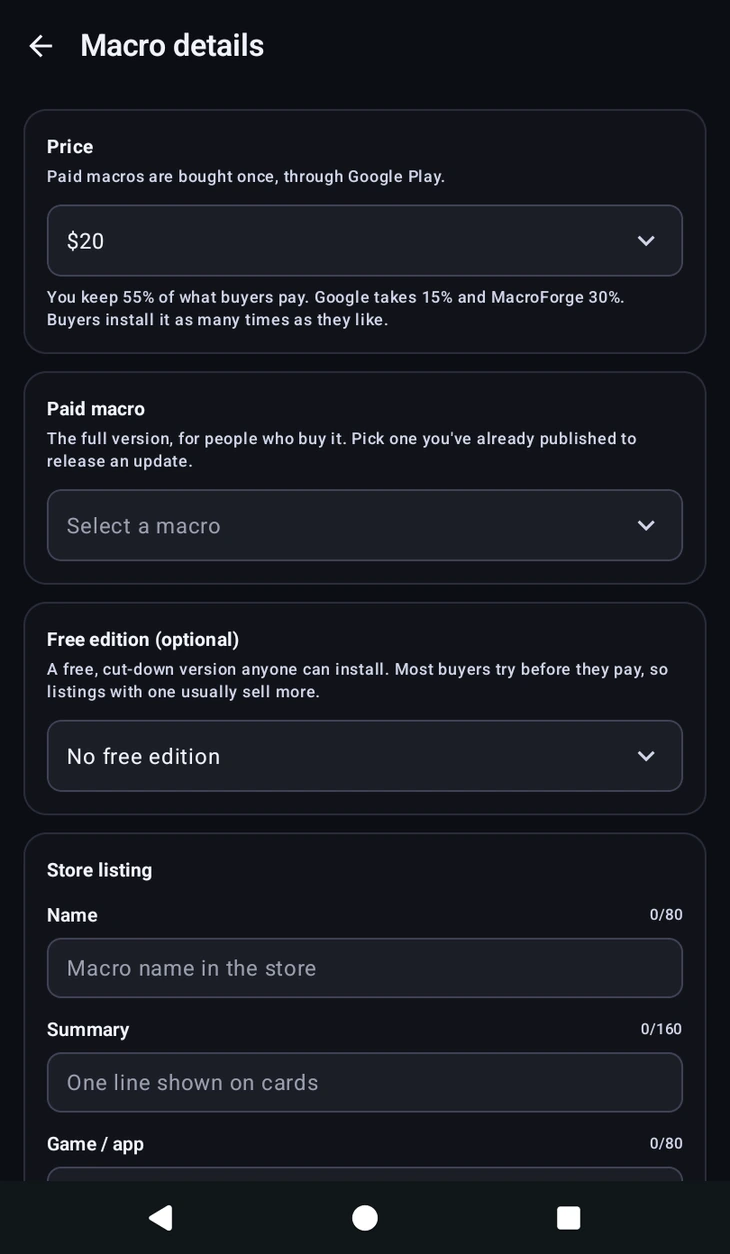A paid listing: the revenue split stated in the app, the paid macro and the free edition