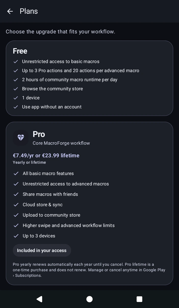 The Free and Pro tiers on the Plans screen