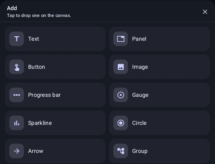 The Add panel listing every widget kind