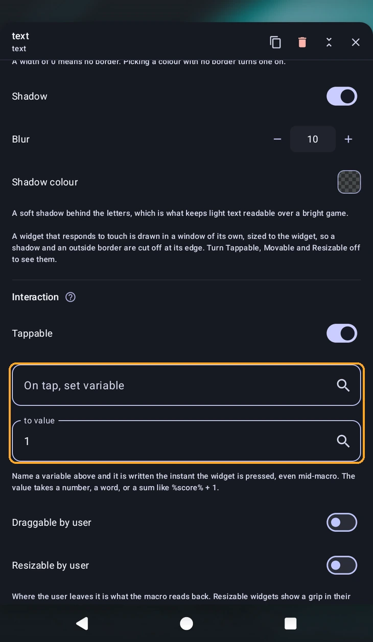 The Interaction section, with the on-tap variable highlighted