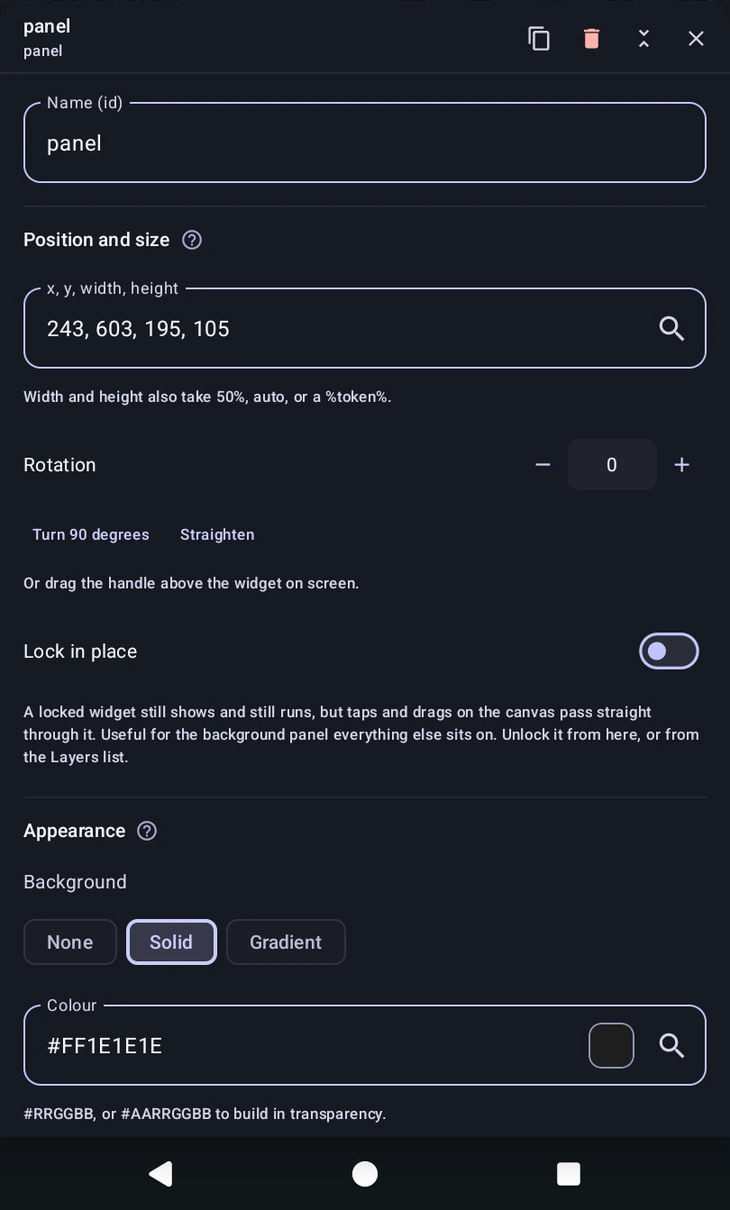 The properties panel for a selected widget