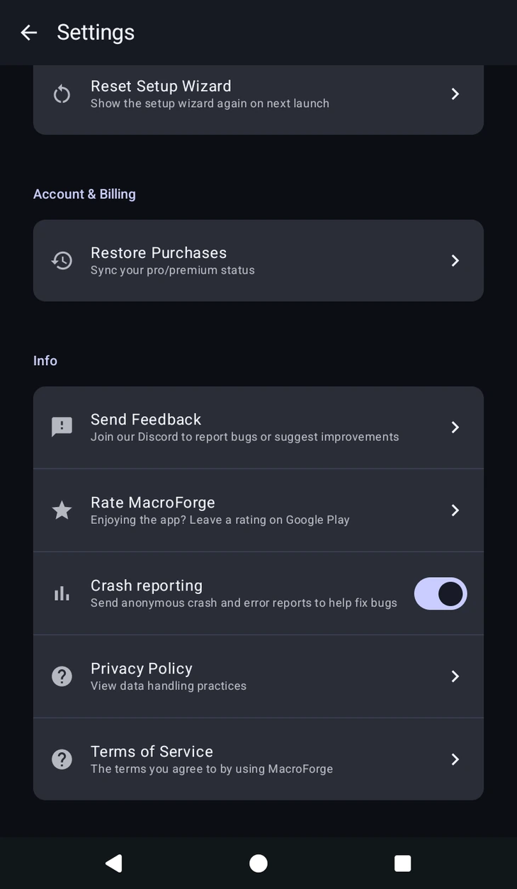 Permissions, Account and Billing, and Info