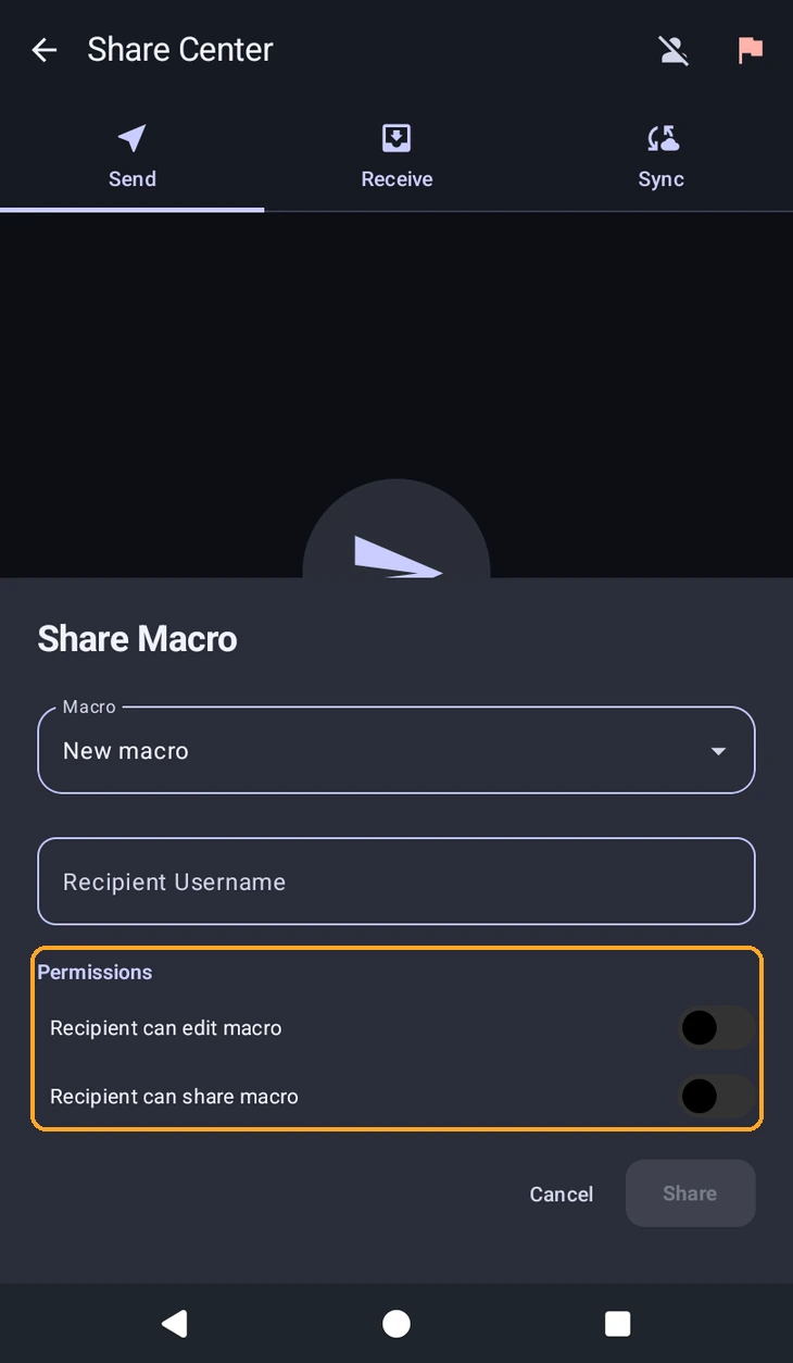 The Share Macro dialog, with the two permission toggles highlighted