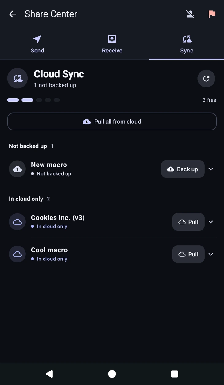 The Sync tab showing backup state per macro