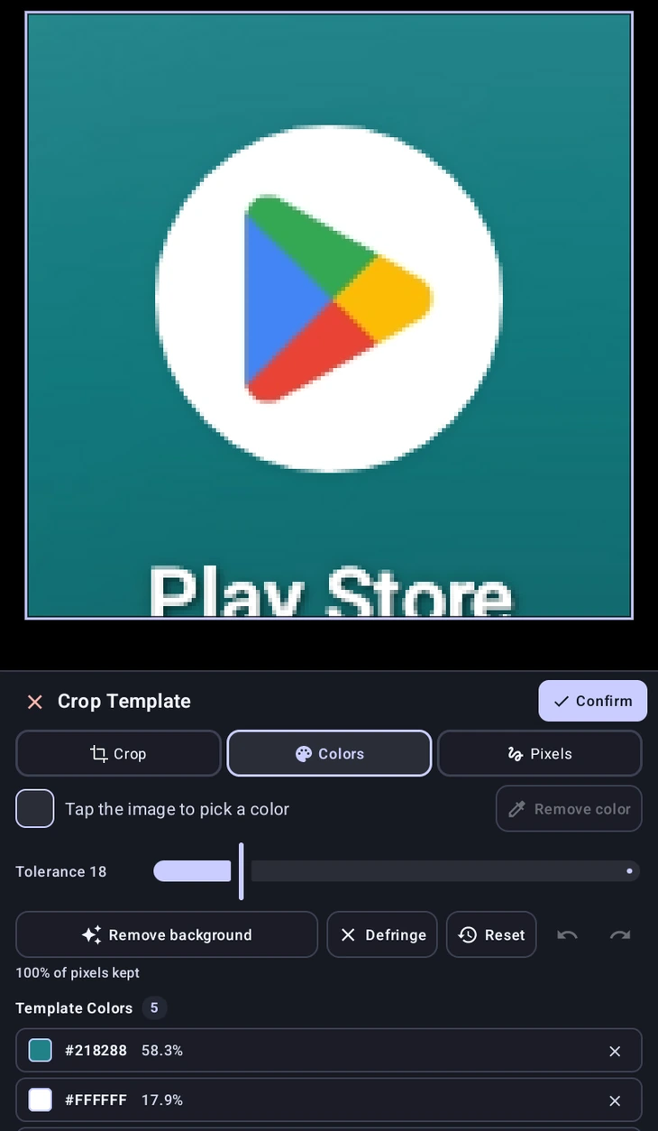 The Colors tab with tolerance, Remove background and Defringe