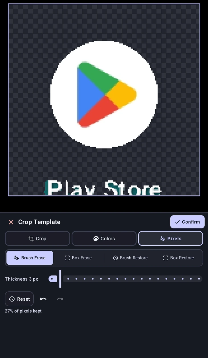 The Pixels tab with brush and box erase tools