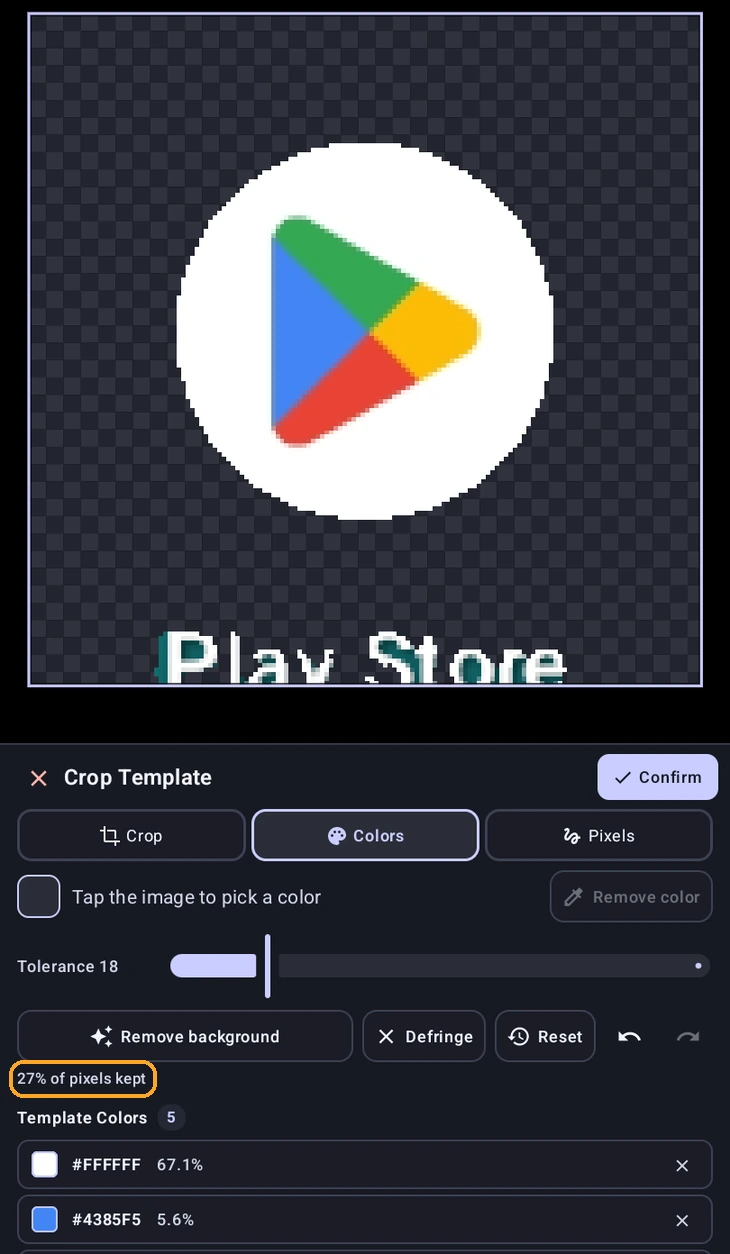 A template with its background removed, showing 27% of pixels kept