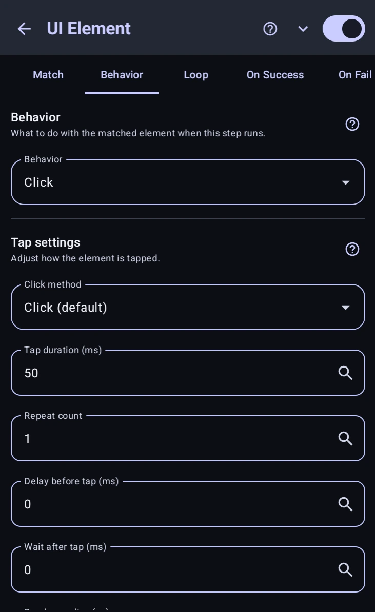 UI Element Behavior tab