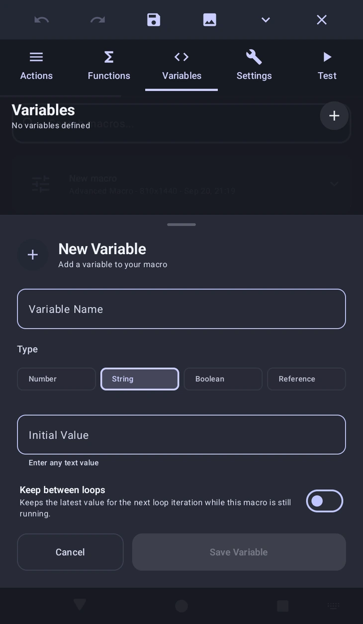 The New Variable dialog with the four types